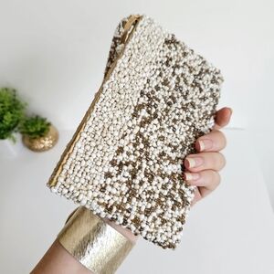 Handmade Clutch Bag Beaded Handbag & Handle White Beige Gold Beads Evening Bag